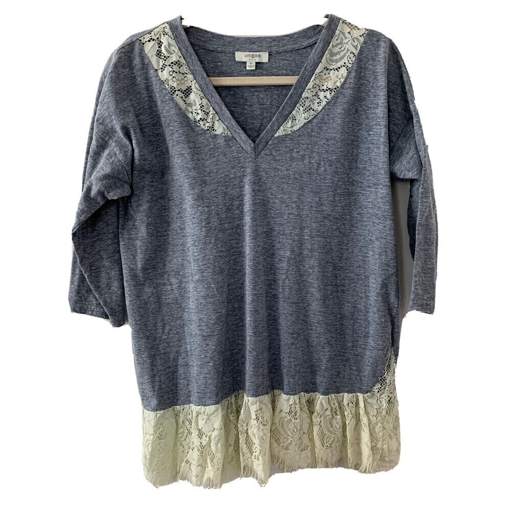 UMGEE Lace Hem Stretch V-Neck Top Blouse